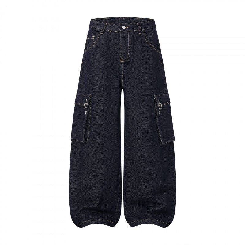 Damen Ballonförmige Cargo-Jeans mit hoher Taille, weitem Bein und aufgesetzten Klappentaschen Drune