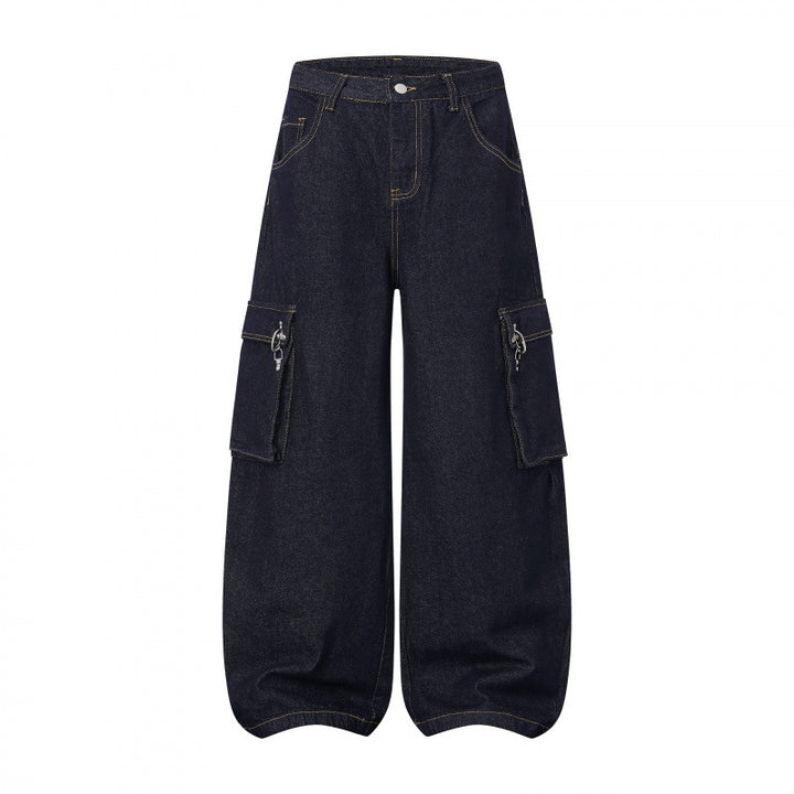 Damen Ballonförmige Cargo-Jeans mit hoher Taille, weitem Bein und aufgesetzten Klappentaschen Drune