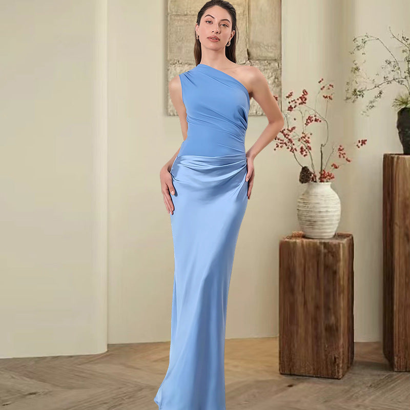 Damen Elegantes Asymmetrisches Abendkleid mit schimmerndem Satin Drune