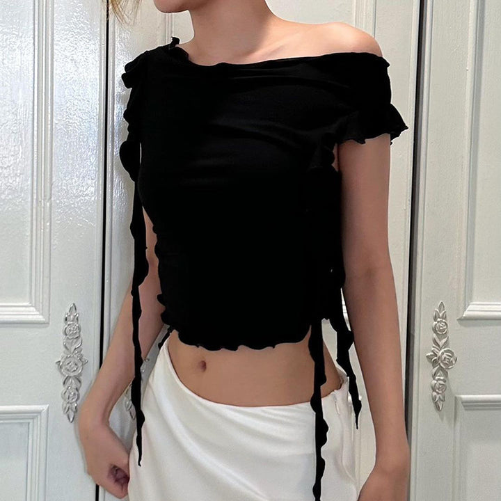 Damen Off-Shoulder Oberteil mit Rüschendetails und figurbetonter Passform Drune