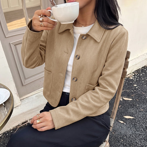 Damen Kurzjacke aus Wildleder‑Optik mit Hemdkragen und aufgesetzten Taschen Drune