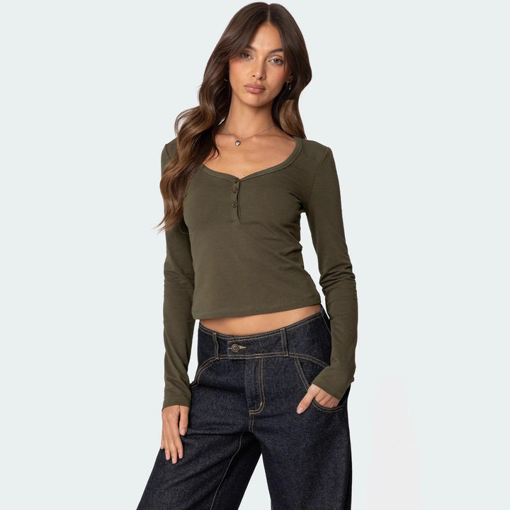 Damen Cropped Langarmhemd mit Knopfleiste und weichem Stoff Drune