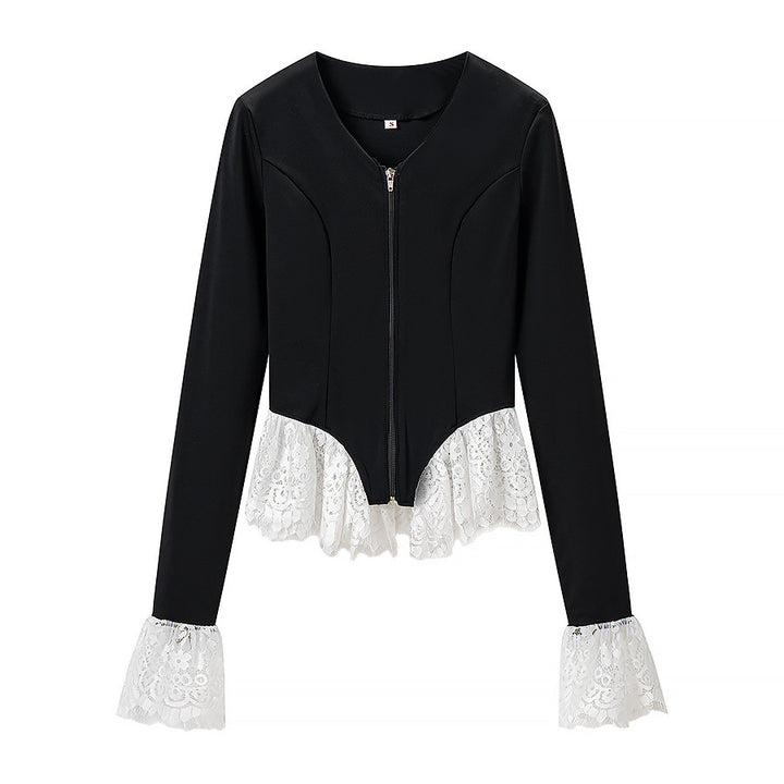 Damen Taillierte Zip‑Jacke mit Spitzenvolant am Saum und Ärmelabschluss Drune
