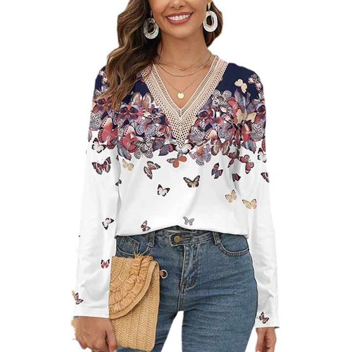 Damen Langarmshirt mit floralem Spitzen-V-Ausschnitt und elegantem Muster Drune