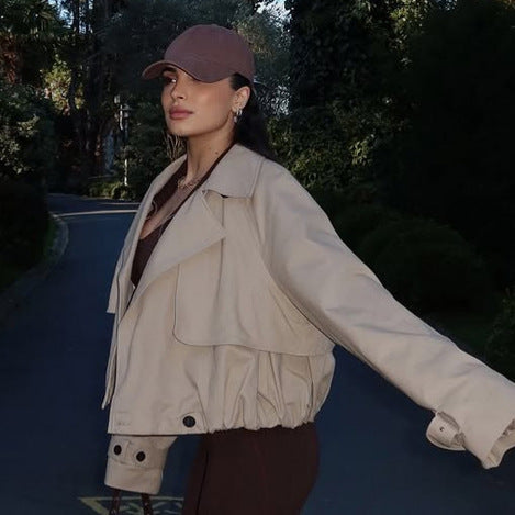 Damen Leichte Cropped-Übergangsjacke im Utility-Stil mit Hemdkragen und Tunnelzug Drune