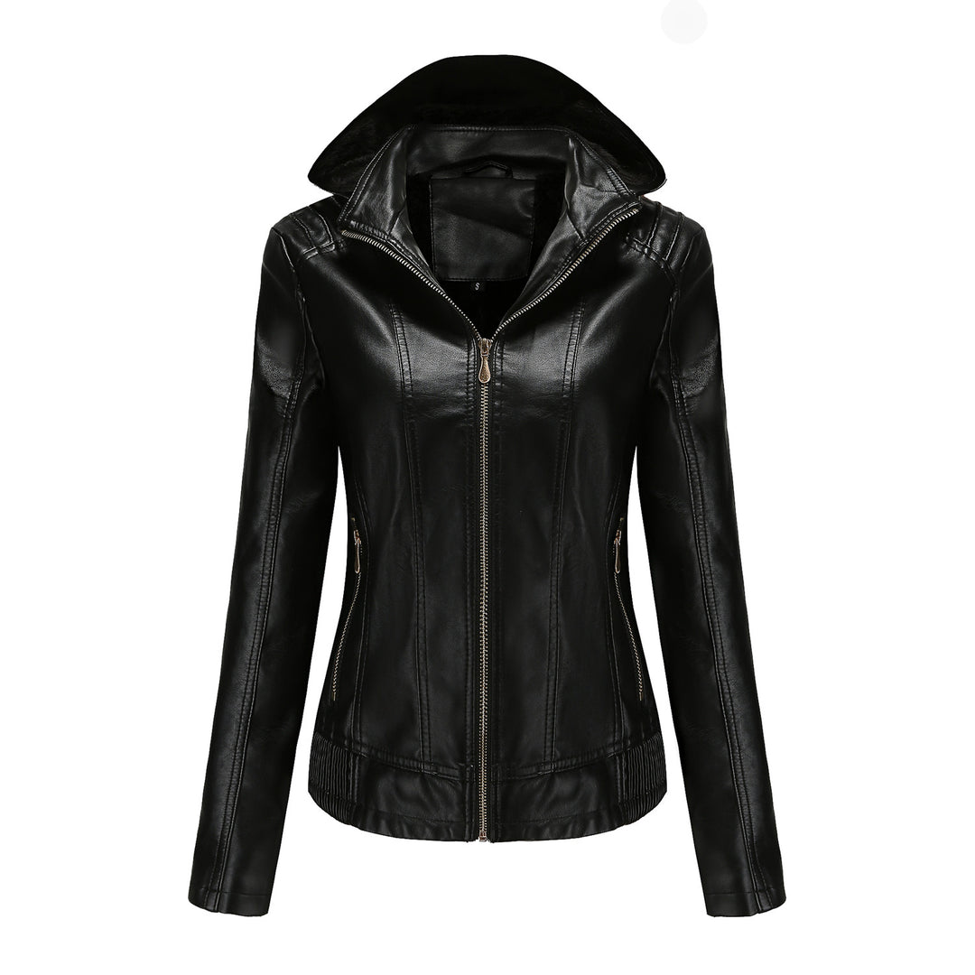 Damen nan taillierte Kunstlederjacke mit Kapuze, wattiertem Innenfutter und verdeckten Reißverschlusstaschen Drune
