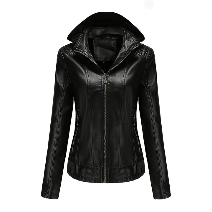 Damen nan taillierte Kunstlederjacke mit Kapuze, wattiertem Innenfutter und verdeckten Reißverschlusstaschen Drune