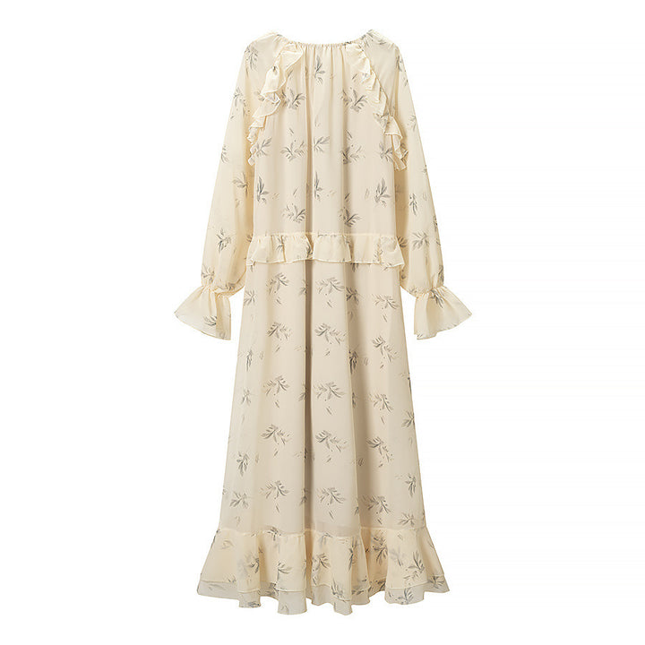 Damen Maxikleid mit Volants, langem Glockenärmel und floralem Chiffon-Design Drune