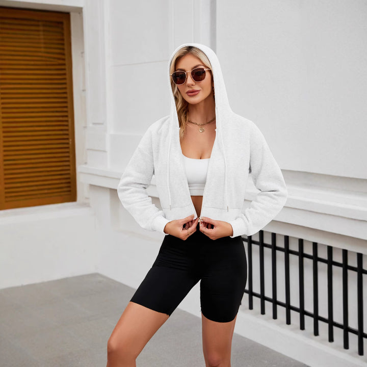 Damen Kurze Zip‑Hoodie Jacke mit Kapuze, Gummibund und Rippbündchen Drune