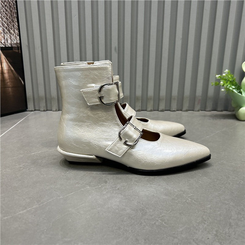 Damen Spitz zulaufende Ankle-Boots mit Doppelriemen, Schnallen und niedrigem Blockabsatz Drune