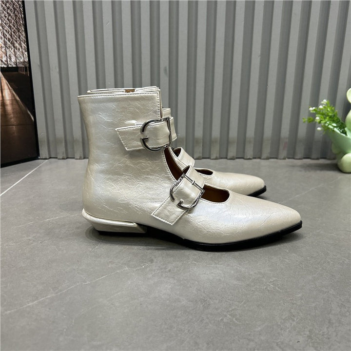 Damen Spitz zulaufende Ankle-Boots mit Doppelriemen, Schnallen und niedrigem Blockabsatz Drune