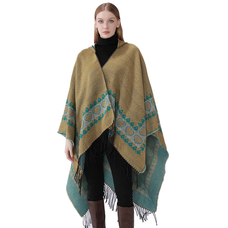 Damen Kapuzen-Capeponcho aus Wollmix mit Herz-Jacquard und Fransensaum Drune