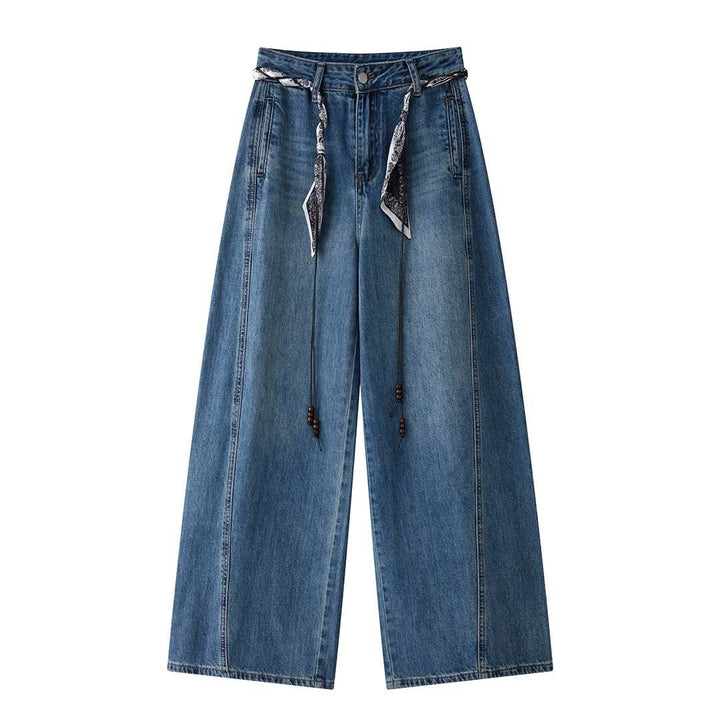 Damen Weite High‑Waist Denim-Baggyhose mit Bandana‑Schnürung und Perlenbändern Drune