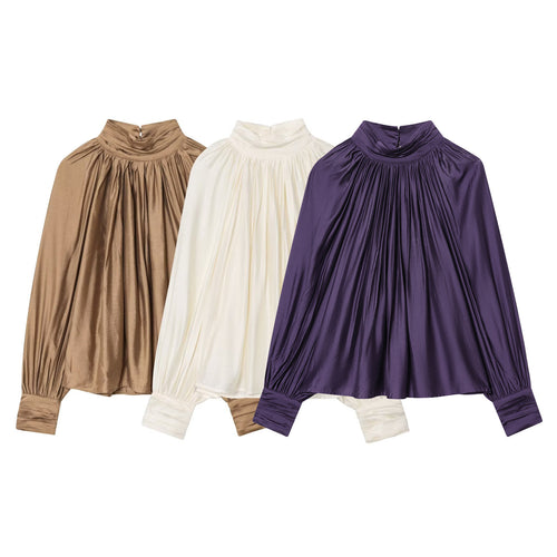 Damen nan plissierte Highneck-Bluse aus seidenähnlichem Satin mit Ballonärmeln und gerafften Manschetten Drune