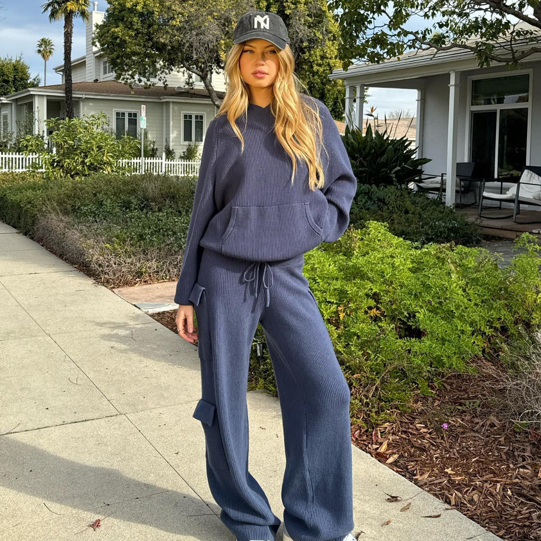 Damen geripptes Strick-Loungewear-Set mit Kapuzenpullover und Cargo-Hose Drune