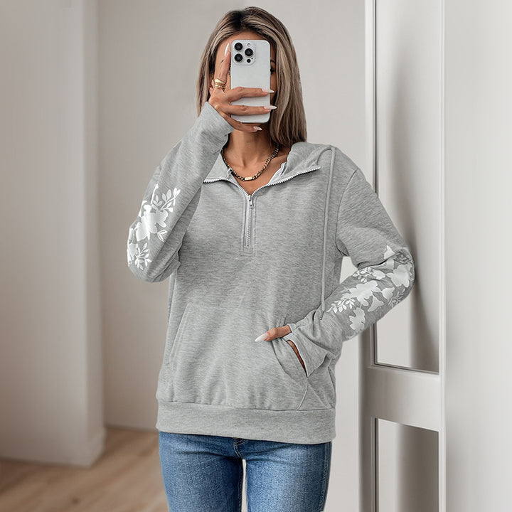 Damen Kapuzenpullover mit floralem Print und dekorativen Reißverschlussdetails Drune