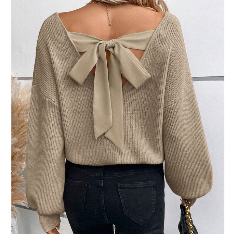 Damen Strickpullover mit tiefem V-Ausschnitt und dekorativem Schleifen-Detail Drune
