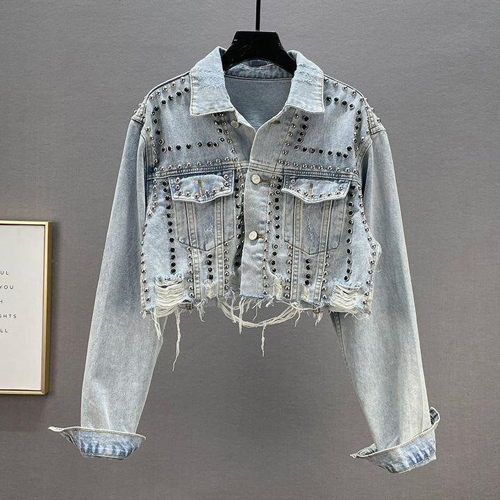 Damen Designer Denimjacke mit Nieten und Fransen Drune