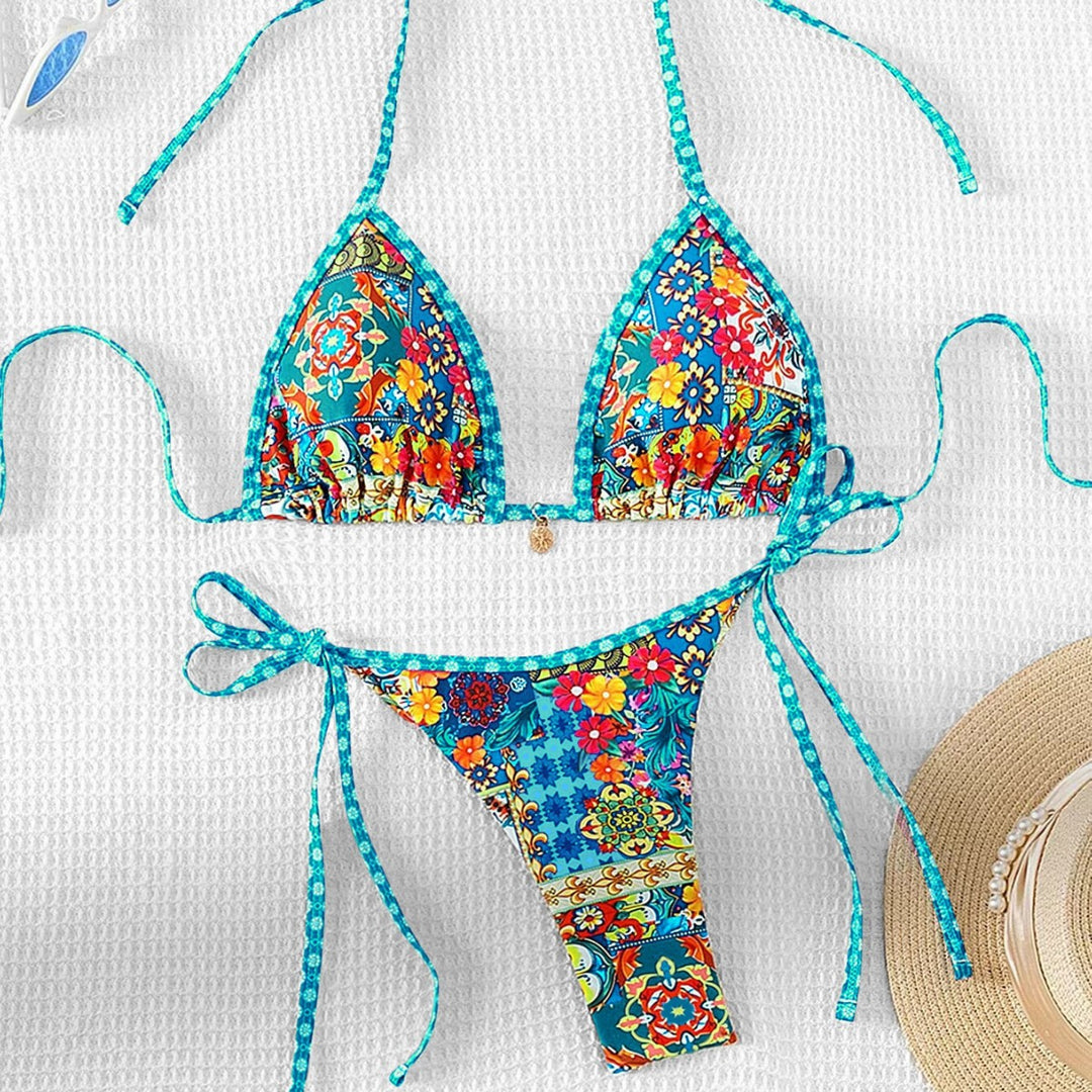Damen Triangel-Bikini mit buntem floralen Muster und verstellbaren Bändern Drune