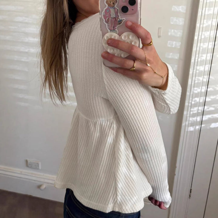 Damen Langärmeliges Babydoll-Top aus Rippjersey mit U-Boot-Ausschnitt und Knopfleiste Drune