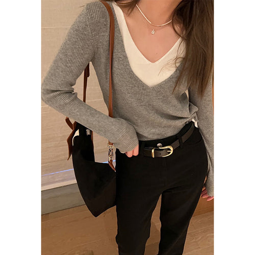 Damen V-Ausschnitt Pullover aus feinem Rippstrick Drune