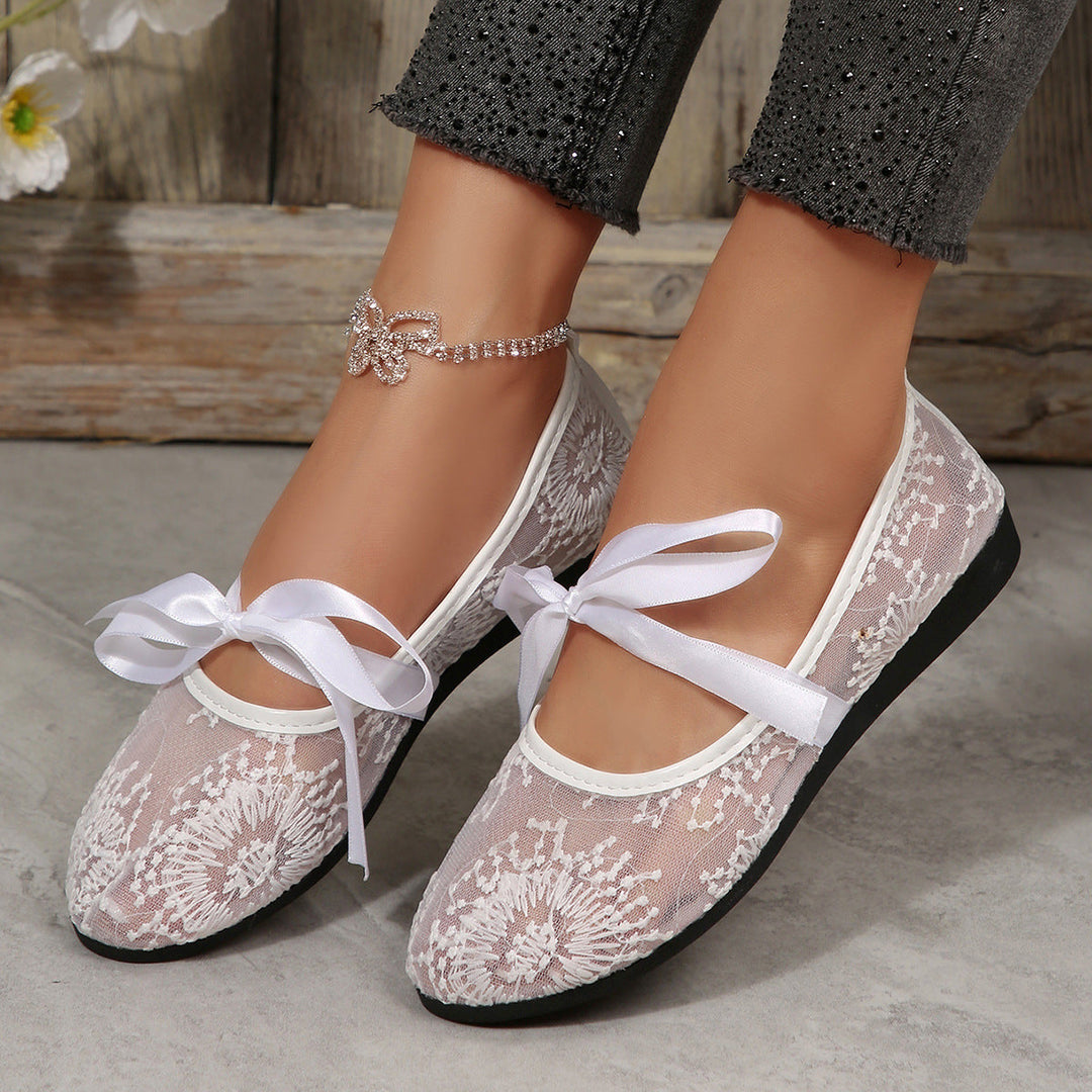 Damen Elegante Spitzenschuhe mit dekorativen Schleifen und funkelnden Akzenten Drune