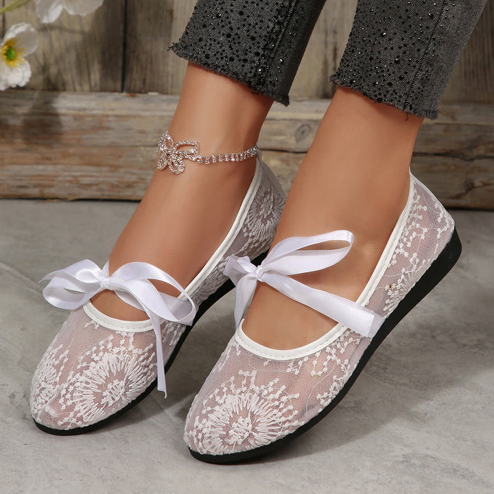Damen Elegante Spitzenschuhe mit dekorativen Schleifen und funkelnden Akzenten Drune