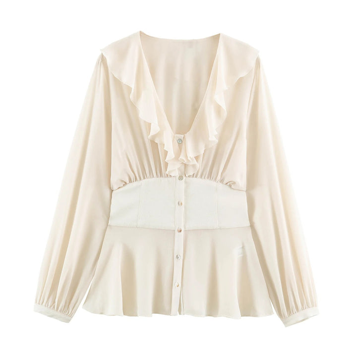 Damen Filigrane V‑Neck‑Bluse mit Volantkragen, taillierter Bundpasse und Ballonärmeln Drune