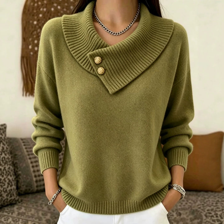 Damen Feinstrick-Pullover mit überlappendem Schalkragen und Zierknöpfen Drune