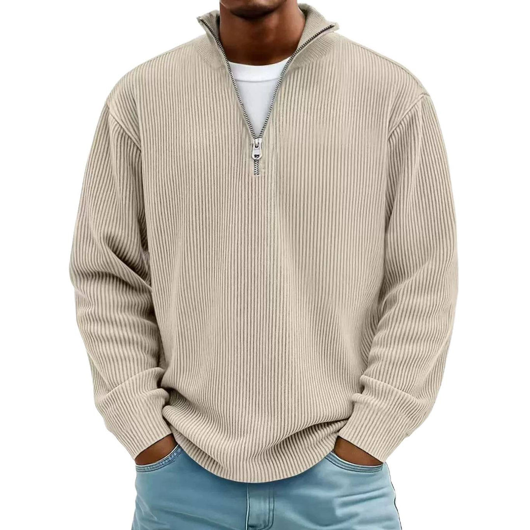 Herren Gerippter Halbzip-Strickpullover mit Stehkragen und lockerer Passform Drune
