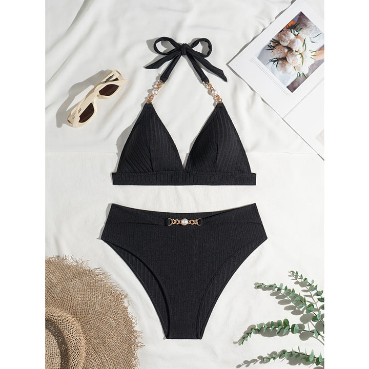 Damen Bandeau-Bikini mit gemustertem Oberteil und dekorativer Perlenverzierung Drune