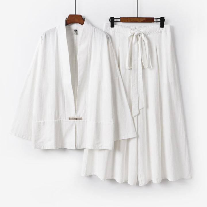 Damen Zen-inspiriertes Kimono-Set aus fließender Viskose mit kurzer Jacke und weiter Culotte-Hose Drune