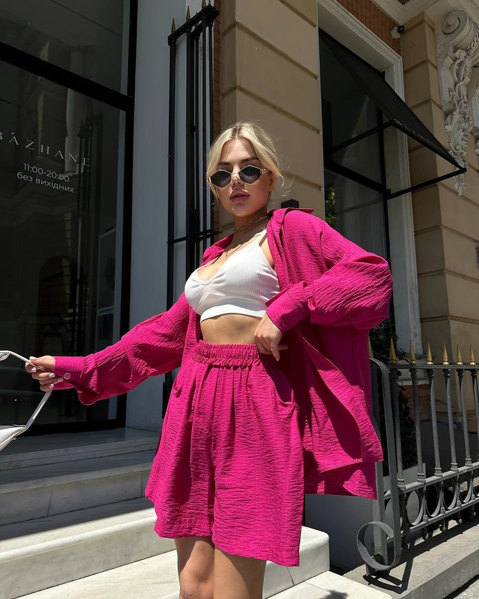 Damen Zweiteiliges texturiertes Loungewear‑Set mit Oversized‑Hemd und elastischer Taillen‑Shorts Drune