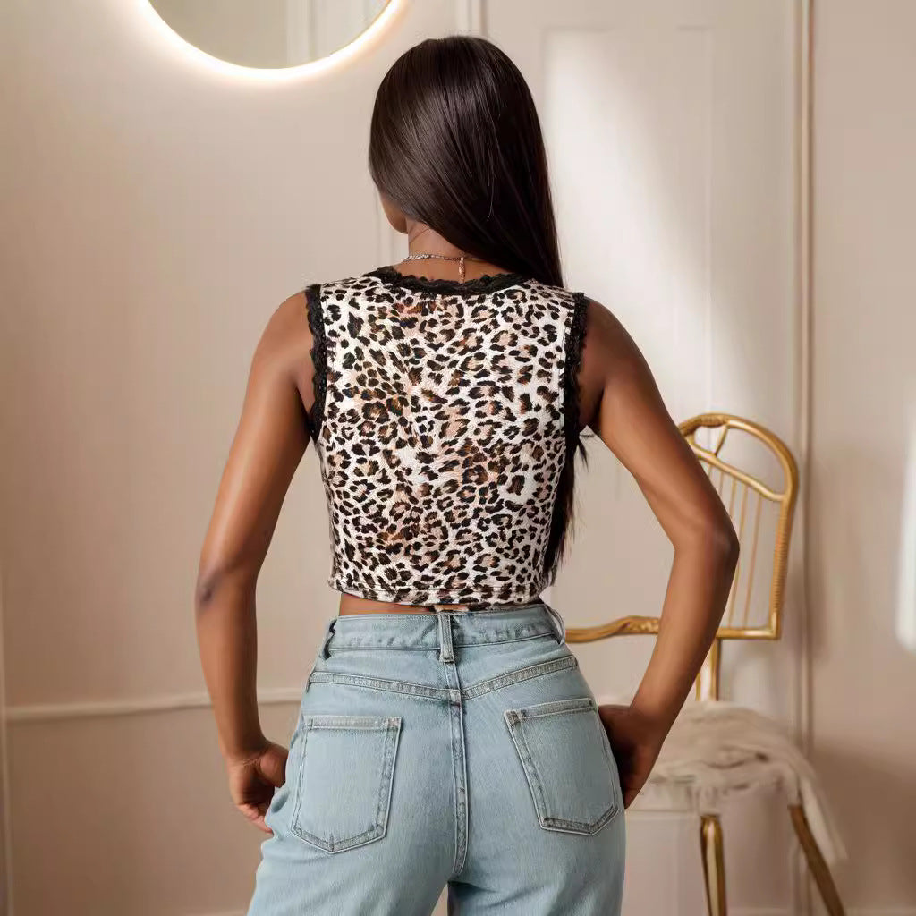 Damen Sexy Animal-Print Oberteil mit Spitzenakzenten und Schleifenbindung Drune