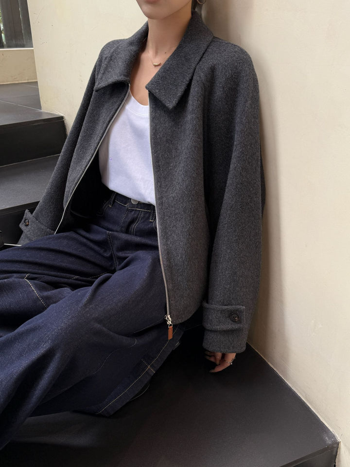 Damen Kurzjacke aus Wollmix mit Reißverschluss und weitem Kragen Drune
