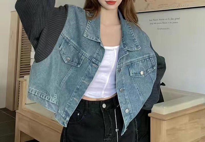 Damen Oversized Denim-Jacke mit Strickelementen Drune