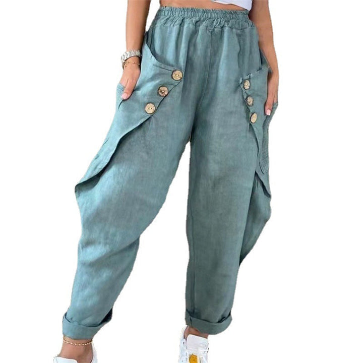 Damen Legere Leinenhose mit Knopfdetails und großen Taschen Drune