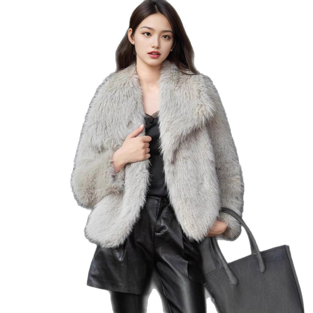 Damen Kurze Kunstfelljacke mit voluminösem Schalkragen Drune