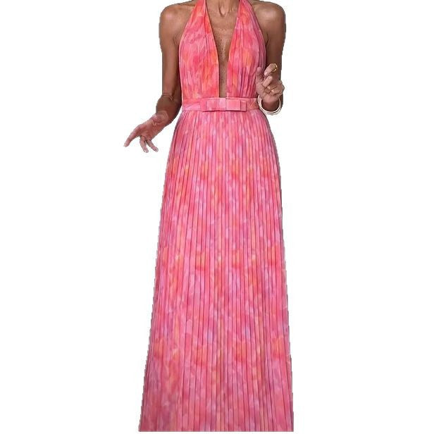Damen Plissiertes Maxikleid mit tiefem Ausschnitt und elegantem Gürtel Drune