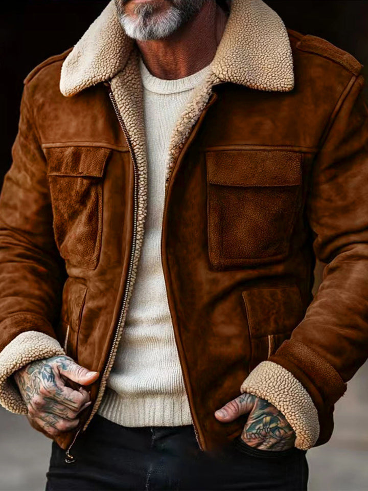 Herren nan Aviator-Lederjacke mit Lammfellimitat-Futter, aufgesetzten Brusttaschen und Reißverschluss Drune
