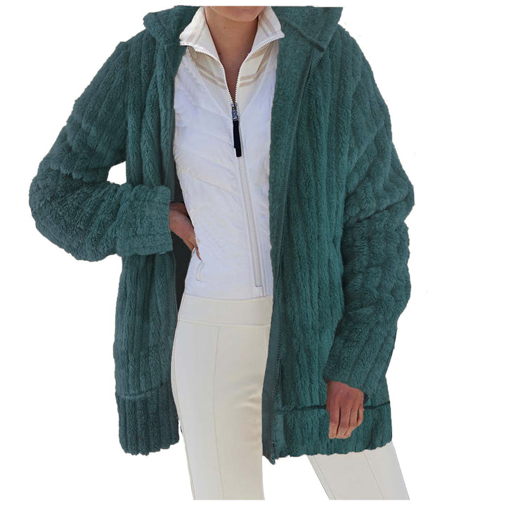 Damen Oversize Teddy‑Fleece Kapuzenmantel mit Rippbündchen und Eingrifftaschen Drune