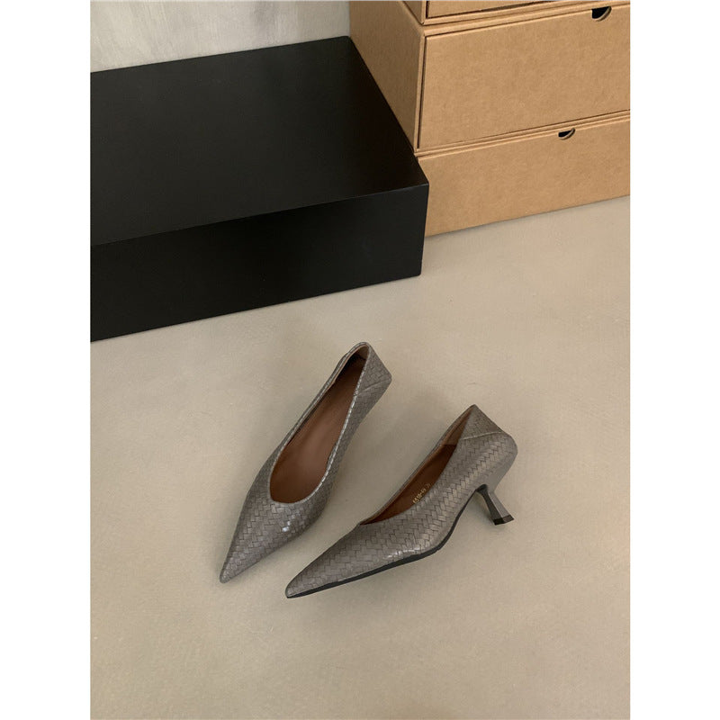 Damen Elegante spitz zulaufende Flechtleder-Pumps mit sculpted Kitten-Absatz Drune