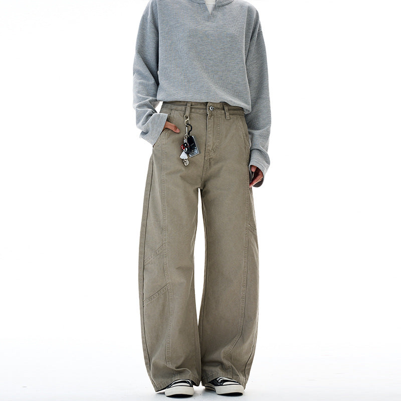 Damen weite Cargo-Hose mit hoher Taille und markanten Nahtdetails Drune