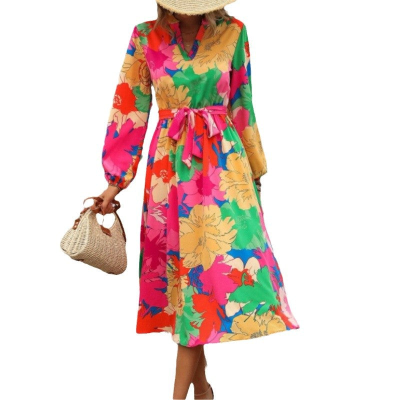 Damen Maxi-Kleid mit floralen Mustern und schwingendem Rock Drune