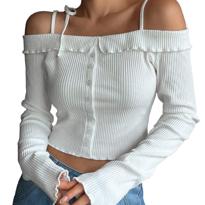 Damen geripptes schulterfreies Langarm-Cropped-Top mit Knopfleiste und Rüschensaum Drune