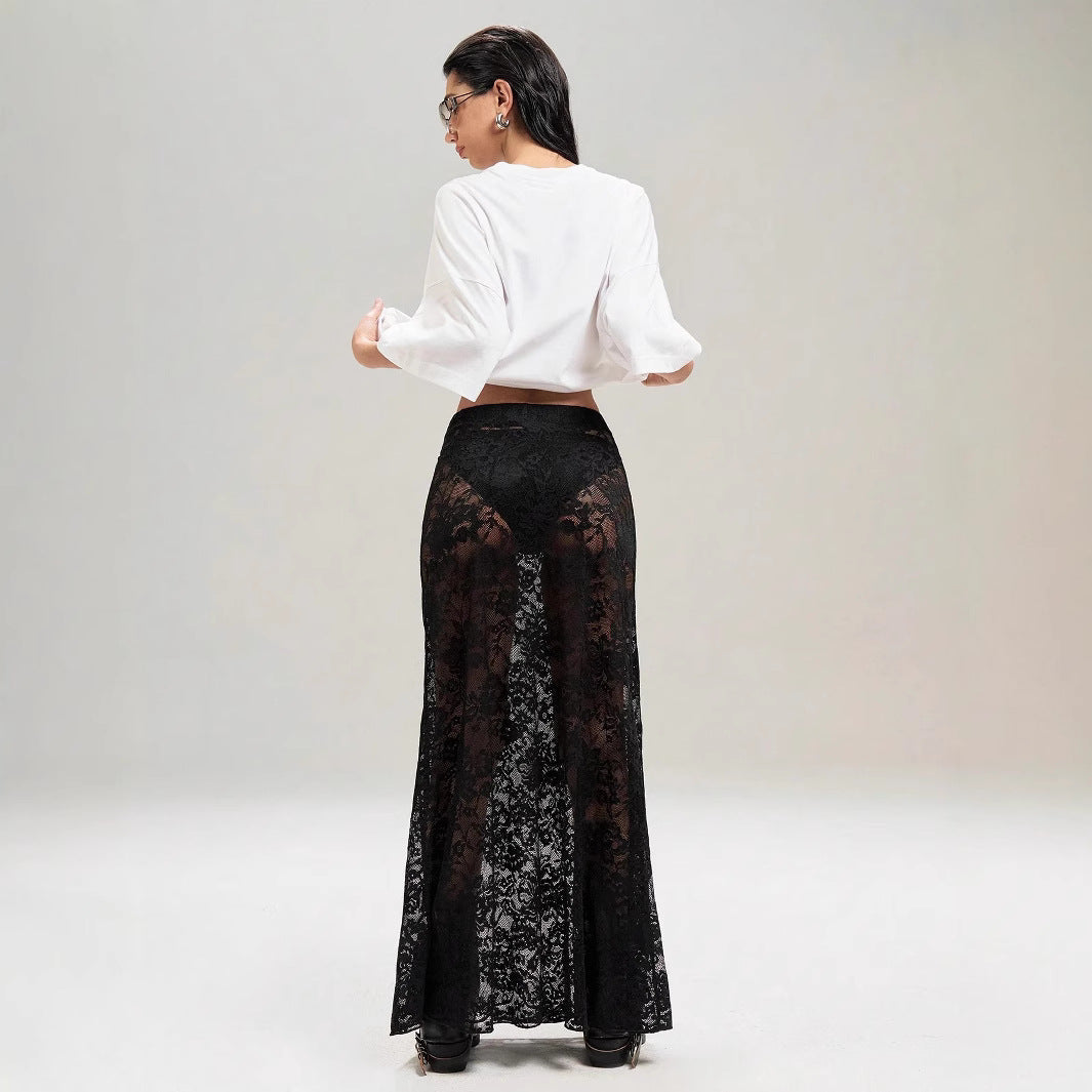 Damen nan weites Baumwollshirt und langer transparenter Spitzenrock Drune