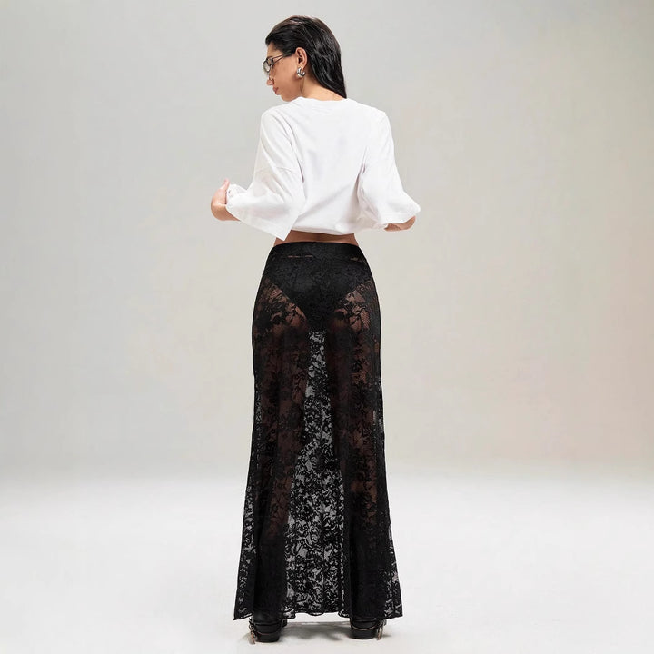 Damen nan weites Baumwollshirt und langer transparenter Spitzenrock Drune