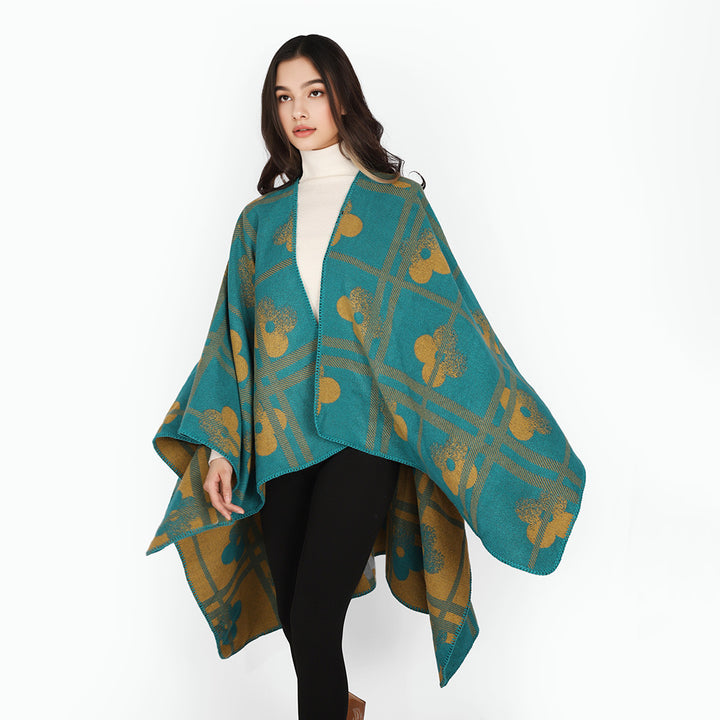 Damen Reversibler Jacquard-Poncho aus Wollmix mit floralem Karo‑Motiv und Zierkettelnaht Drune