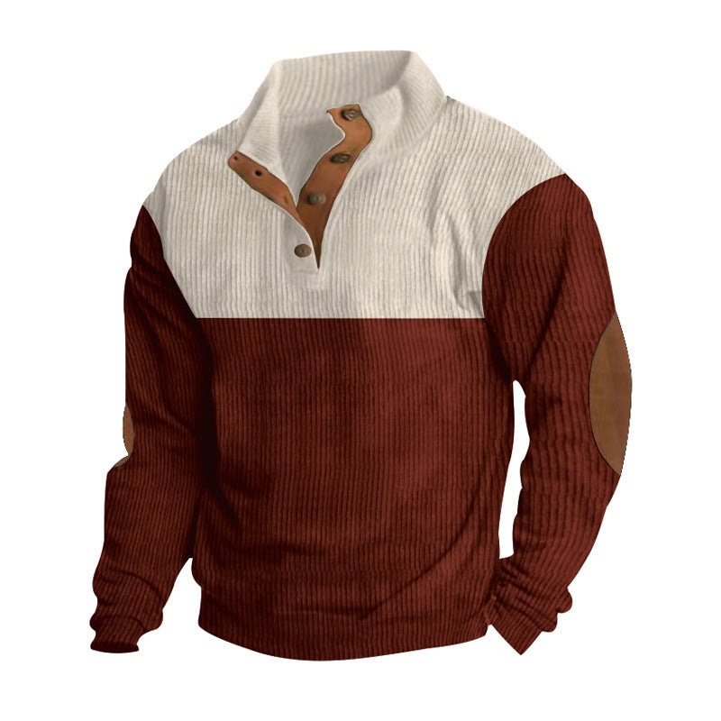 Herren nan grober Rippstrick-Pullover mit Stehkragen, Knopfleiste und markanten Ellenbogenpatches Drune