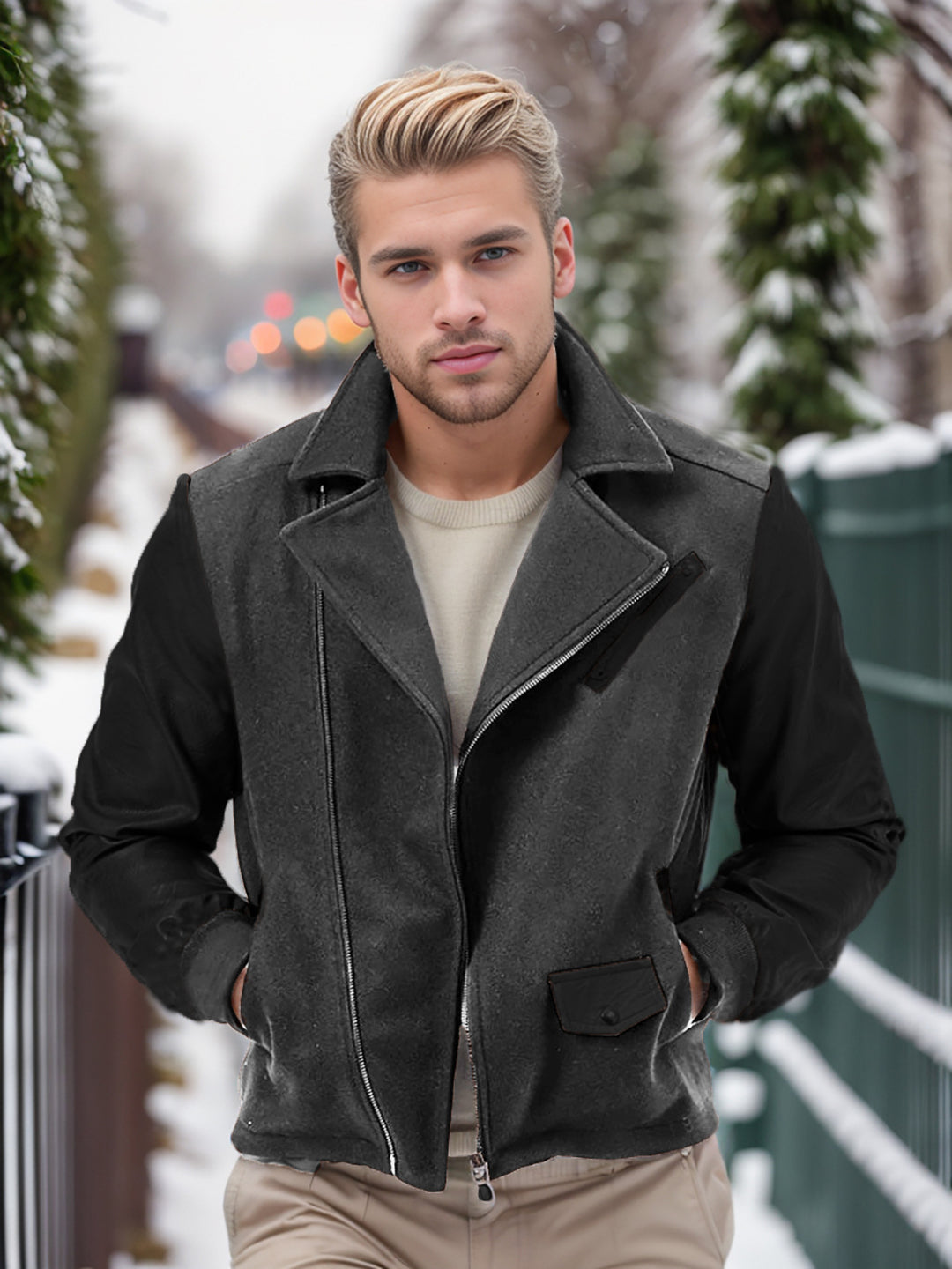 Herren modische Übergangsjacke mit kontrastierenden Ärmeln und praktischen Taschen Drune